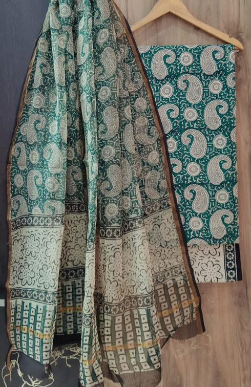 Green Paisley Print Cotton Suit Set with Kota Doria Dupatta (3CKD68)